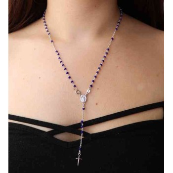 RMB|NALBORI 925 Silver Rosary Necklace With blue crystal crucified miraculous madonna 56 cm