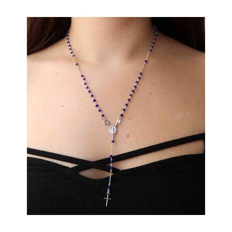 RMB|NALBORI 925 Silver Rosary Necklace With blue crystal crucified miraculous madonna 56 cm