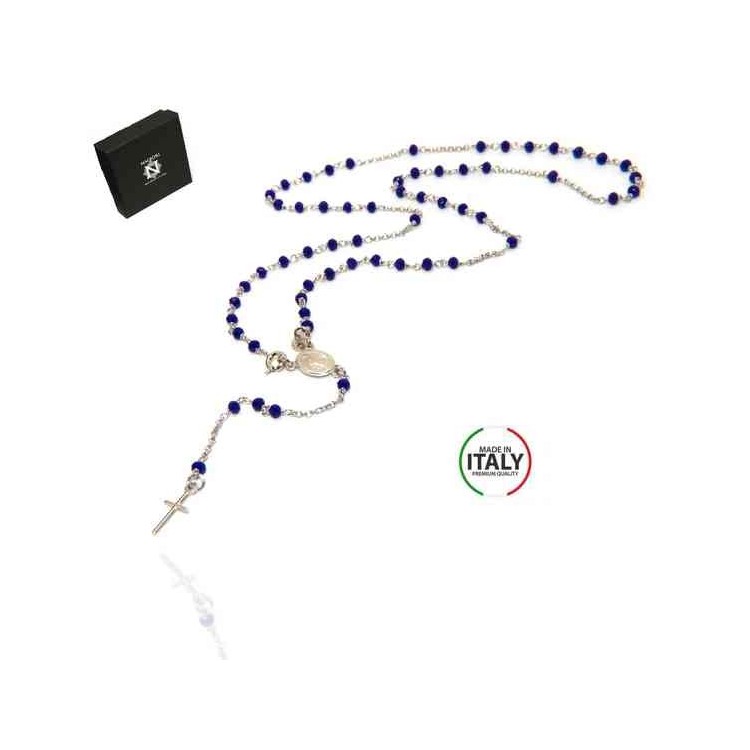 RMB|NALBORI 925 Silver Rosary Necklace With blue crystal crucified miraculous madonna 56 cm
