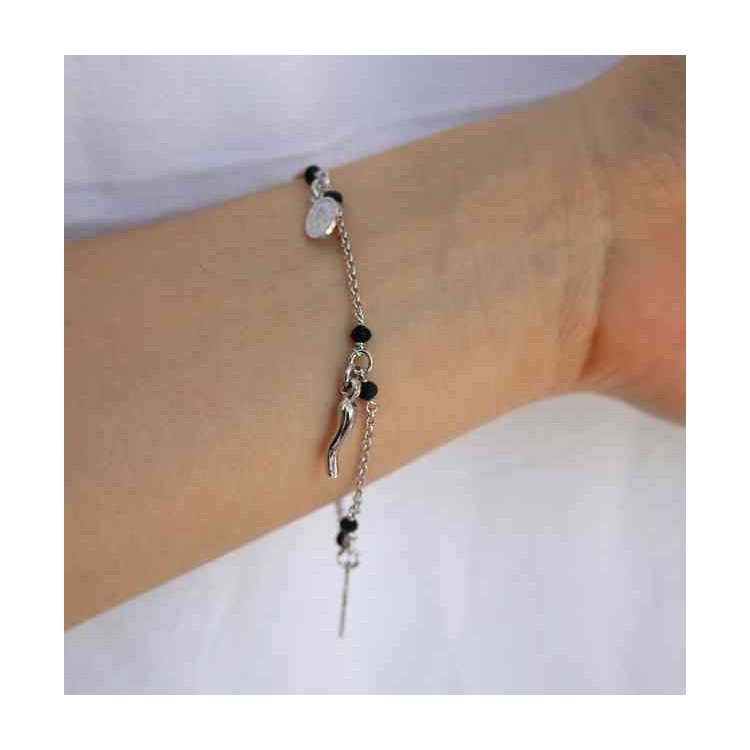 RMB|NALBORI Bracciale rosario in Argento 925 madonna cornetto croce nero