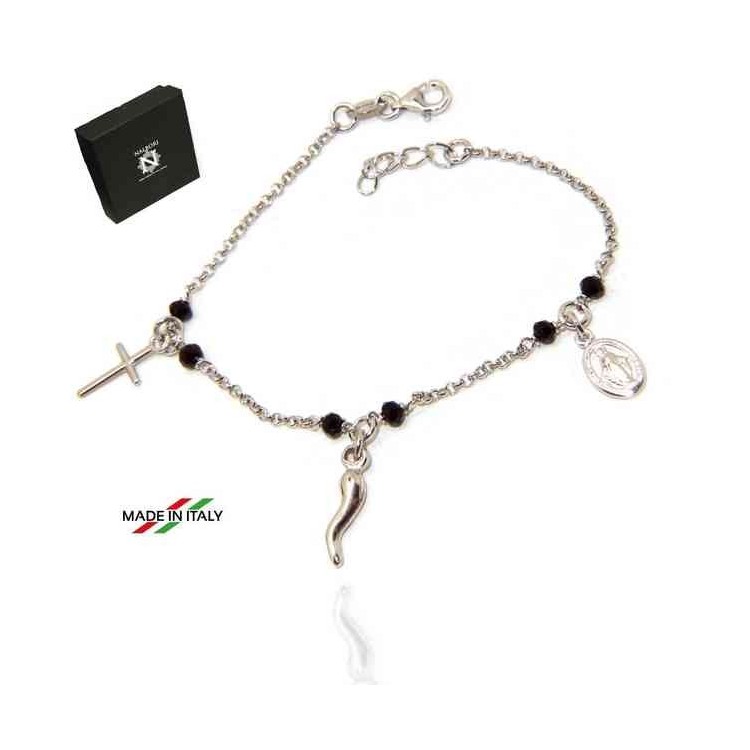 RMB|NALBORI Bracciale rosario in Argento 925 madonna cornetto croce nero