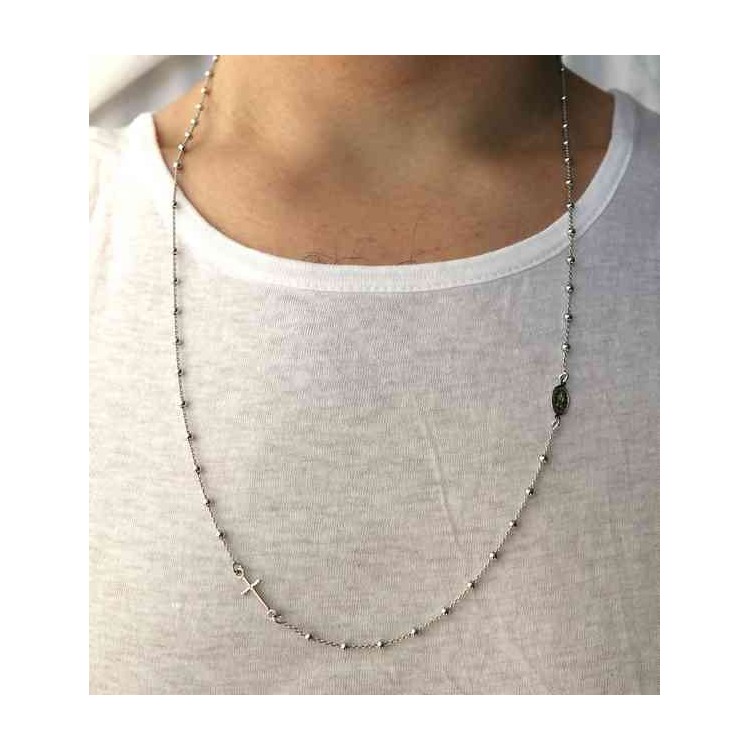 RMB|Rosary necklace in 925 rhodium silver, 3 mm long balls, miraculous madonna cross