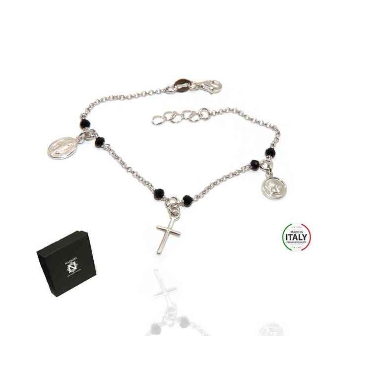 RMB|Rosary bracelet 925 silver black crystal angel cross madonna pendant