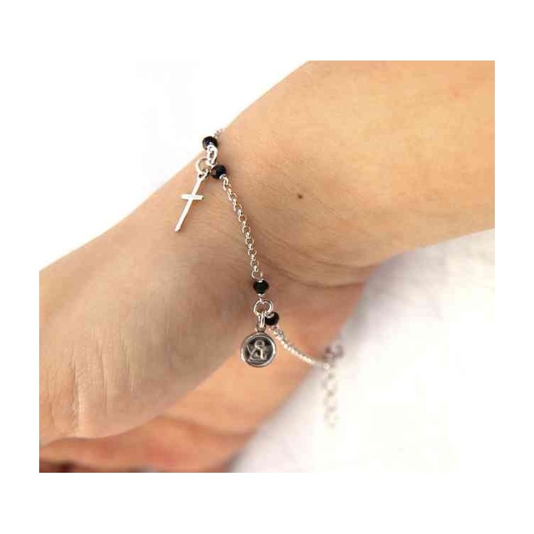 RMB|Rosary bracelet 925 silver black crystal angel cross madonna pendant