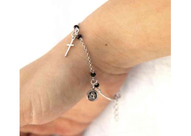 RMB|Bracciale rosario Argento 925 cristallo nero ciondoli croce angelo madonna NALBORI