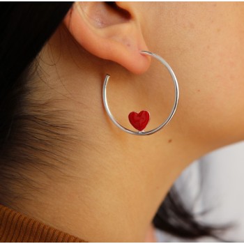 RMB|orecchini argento 925 a cerchio con cuore smaltato 3,5 cm di NALBORI rosso