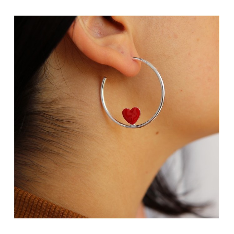 RMB|925 silver hoop earrings with enameled heart 3.5 cm nalbori