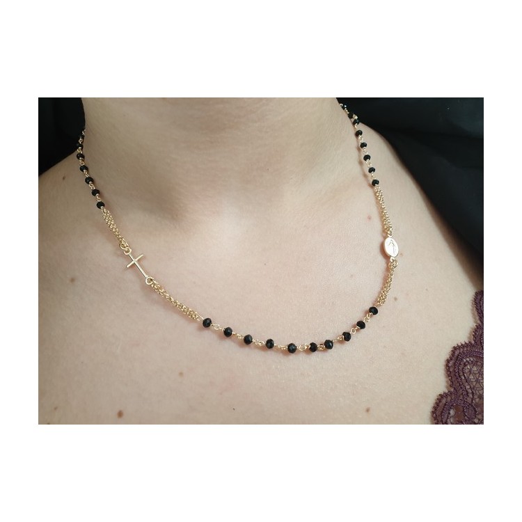 RMB|necklace rosary in 925 silver plated yellow gold with black crystal choker