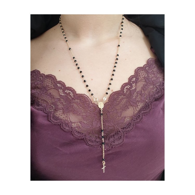 RMB|collana argento 925 bagno oro giallo rosario a Y cristallo nero NALBORI