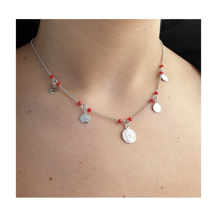RMB|NALBORI Collana donna argento 925 monetine cristallo rosso monete