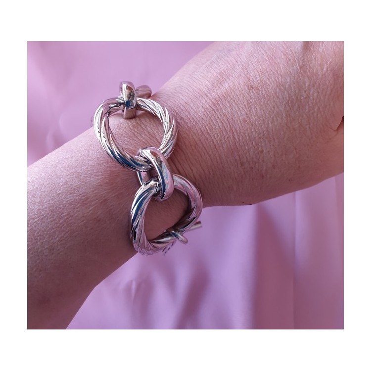 RMB|Bronzo anallergico placcato oro bianco, grande bracciale donna con ovali torchon