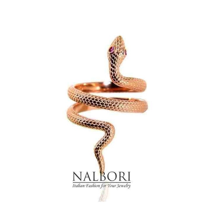 RMB|NALBORI anello serpente argento 925 placcato oro rosa zircone rosso