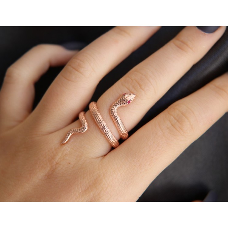 RMB|NALBORI anello serpente argento 925 bagno oro rosa zircone rosso