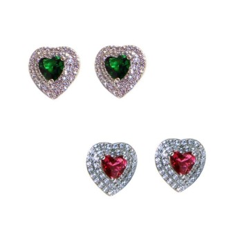 RMB|925 silver heart earrings with double round green and red zircons