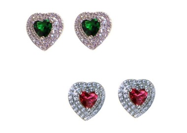 RMB|925 silver heart earrings with double round green and red zircons