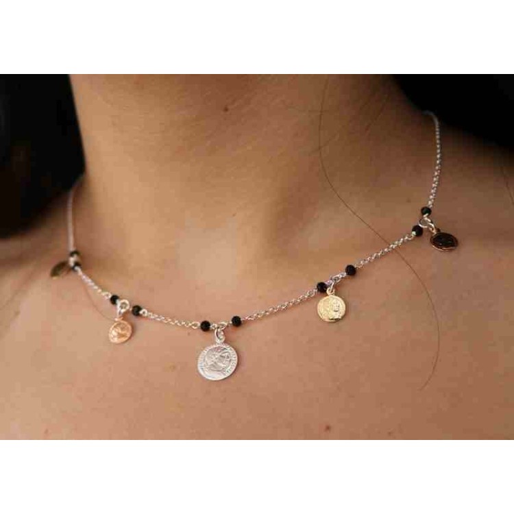 RMB|Collana Argento 925 monete 3 colori e cristallo nero