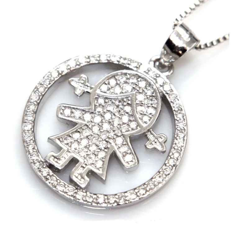 RMB|silver 925: 44 cm Necklace Collier Venetian woman and child pendant hoop microsetting white zirconia