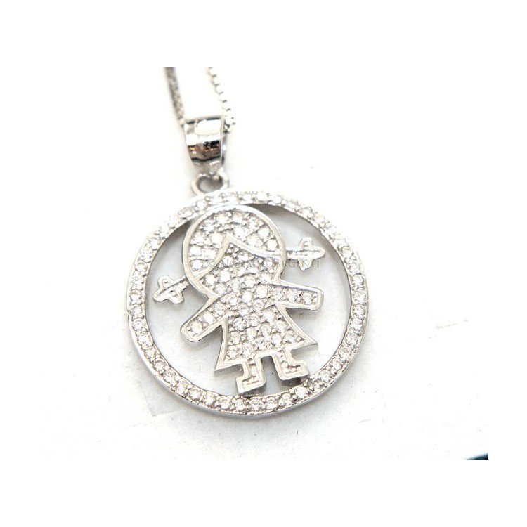 RMB|silver 925: 44 cm Necklace Collier Venetian woman and child pendant hoop microsetting white zirconia