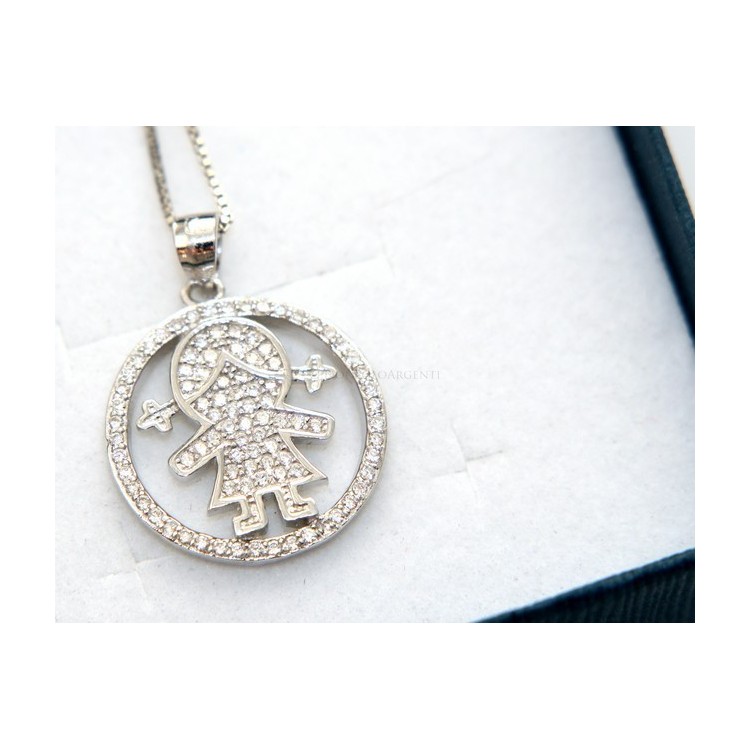 RMB|silver 925: 44 cm Necklace Collier Venetian woman and child pendant hoop microsetting white zirconia
