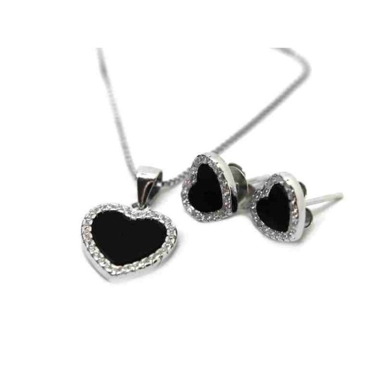 RMB|NALBORI complete 925 silver necklace earrings heart onyx zircons