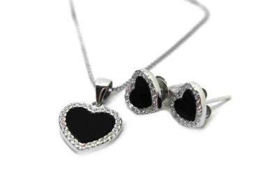 RMB|NALBORI complete 925 silver necklace earrings heart onyx zircons