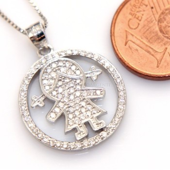 RMB|silver 925: 44 cm Necklace Collier Venetian woman and child pendant hoop microsetting white zirconia