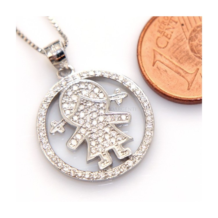 RMB|Argento 925 : Collana Collier donna veneziana 44 cm e pendente bimba a cerchio microsetting zirconi bianchi