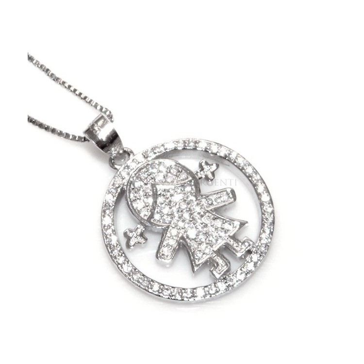 RMB|Argento 925 : Collana Collier donna veneziana 44 cm e pendente bimba a cerchio microsetting zirconi bianchi