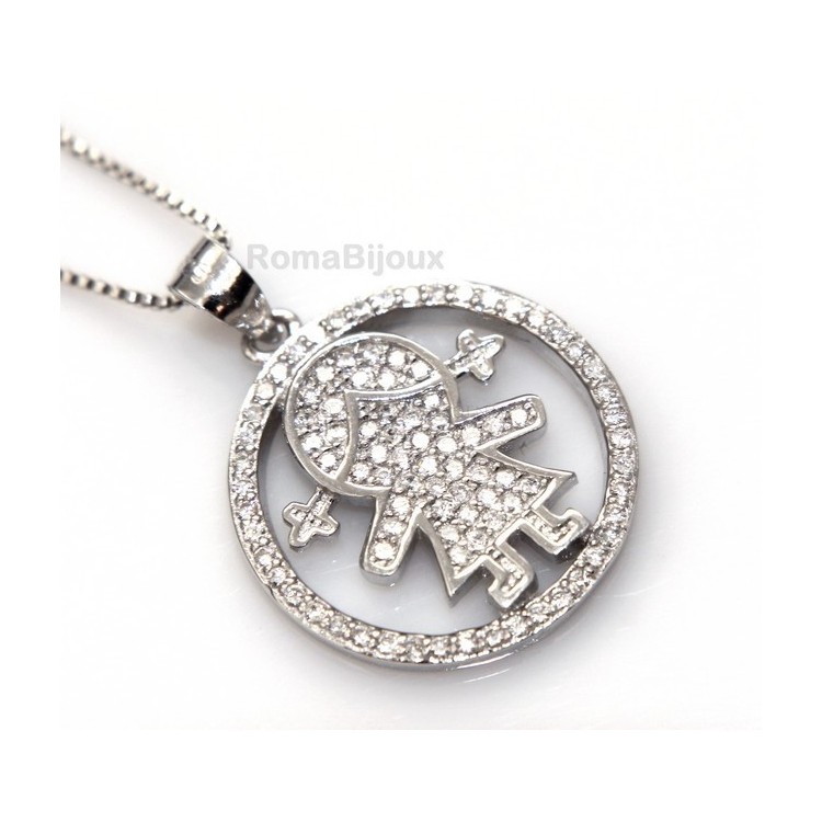 RMB|silver 925: 44 cm Necklace Collier Venetian woman and child pendant hoop microsetting white zirconia