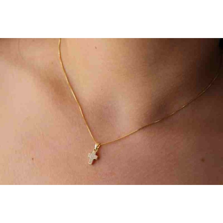 RMB|NALBORI Collana argento 925 piccola croce zirconi bagno oro giallo