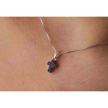 RMB|Collana argento 925 piccola croce zirconi sapphire rodio zaffiro nalbori