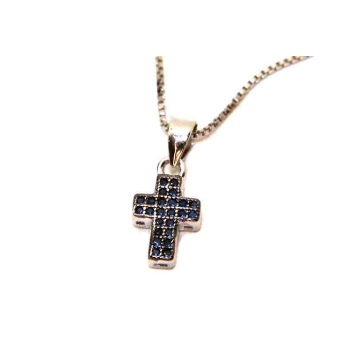 RMB|Collana argento 925 piccola croce zirconi sapphire rodio zaffiro nalbori