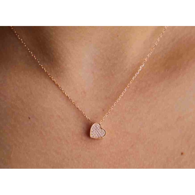 RMB|Collier woman 925 silver heart 3D pink gold bath zircons NALBORI