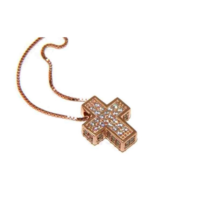 RMB|Collana Collier uomo donna argento 925 croce 3D a pavè di zirconi marca nalbori oro rosa