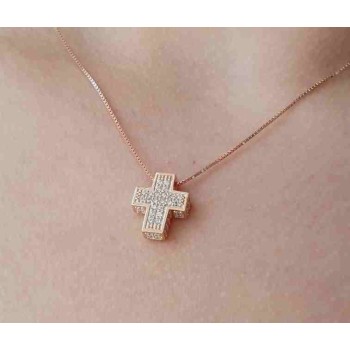 RMB|Collana argento 925 croce 3D a pavè di zirconi bagno oro rosa