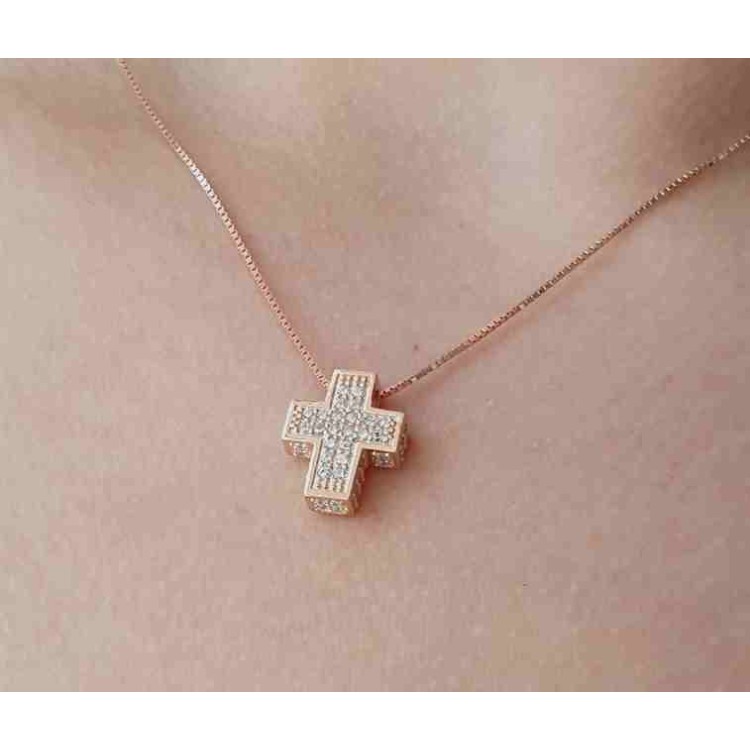RMB|Collana argento 925 croce 3D a pavè di zirconi bagno oro rosa