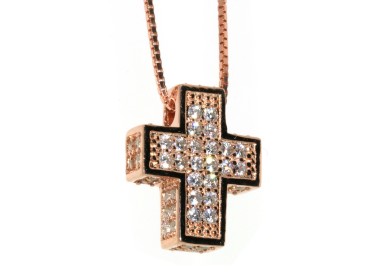 RMB|Collana argento 925 croce 3D a pavè di zirconi bagno oro rosa donna NALBORI