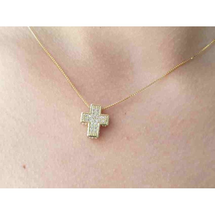 RMB|Collana uomo donna argento 925 croce 3D a pavè di zirconi bagno oro giallo