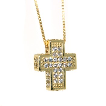 RMB|925: Necklace Collier yellow gold rose Venetian 3D and cross studded with zirconia