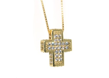 RMB|925: Necklace Collier yellow gold rose Venetian 3D and cross studded with zirconia