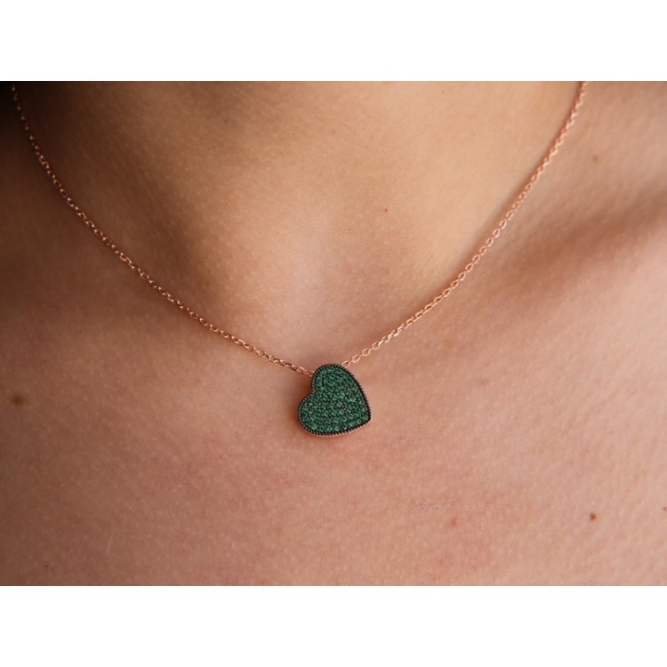 RMB|925 silver heart necklace with green zircons, rose gold plated NALBORI