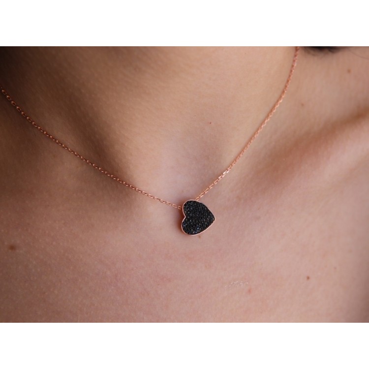 RMB|925 silver necklace with black cubic zirconia heart, rose gold plated NALBORI
