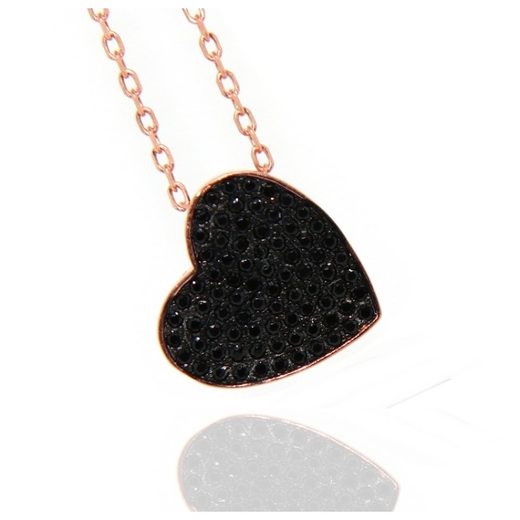 RMB|925 silver necklace with black cubic zirconia heart, rose gold plated NALBORI