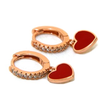 RMB|earrings 925 silver circles zircons red heart rose gold plated woman