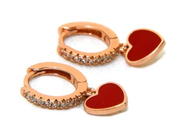 RMB|earrings 925 silver circles zircons red heart rose gold plated woman