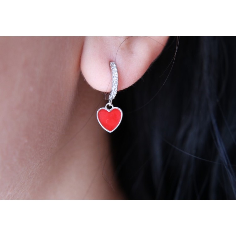RMB|earrings 925 silver circles zircons red heart rhodium plated woman