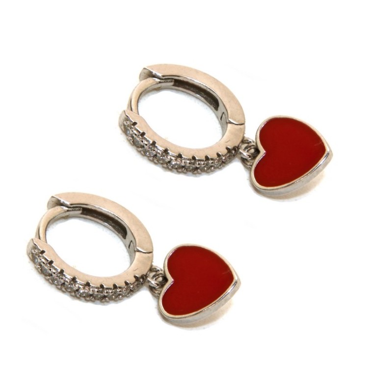 RMB|earrings 925 silver circles zircons red heart rhodium plated woman