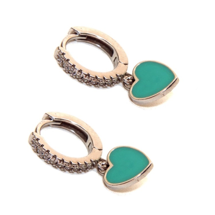 RMB|earrings 925 silver circles zircons heart green water rhodium woman
