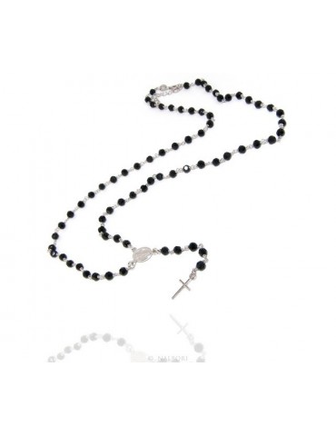 925 Silver Rosary Men's Necklace With Round Black Crystal 4mm Miraculous Madonna Cross 60 + 5