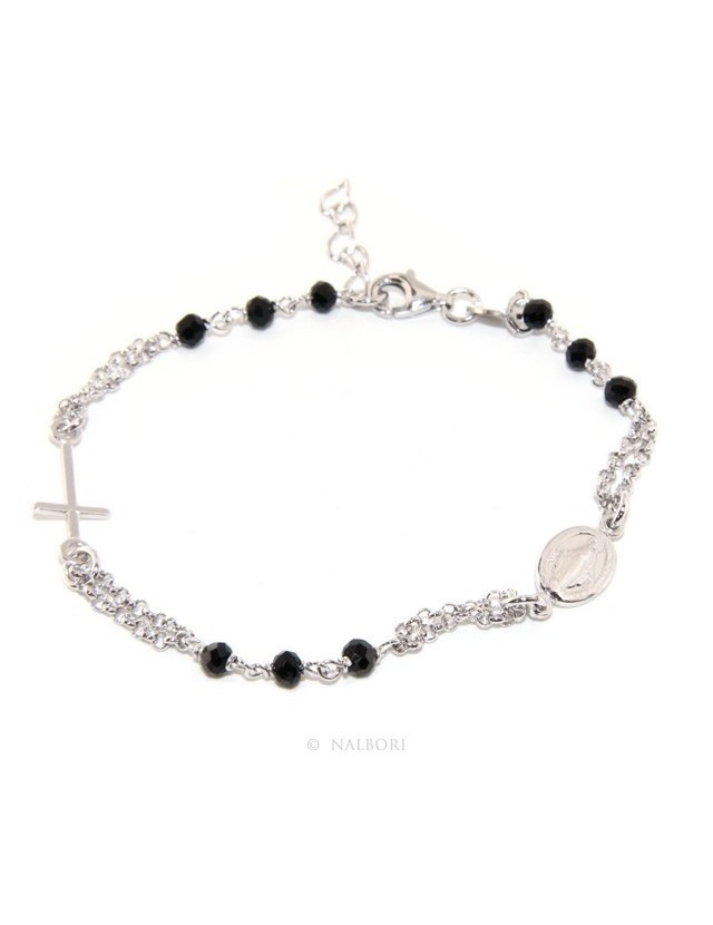 925 Silver Woman Woman Rosary Bracelet with Miraculous Madonna, Cross and Black Crystal 17.50 - 20.00
